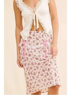 For Love And Lemons Pink Floral Lace-Trim Midi Skirt